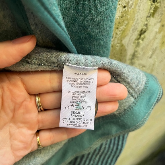 PrAna Kari Sweater / Jacket in Teal Green, Wool Blend + Fleece with Hood, Small - Picture 11 of 16